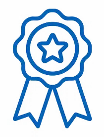 Icono de una insignia o medalla azul con una estrella en el centro, simbolizando el compromiso de Digitaliza 2.0 con la Calidad y Excelencia en sus servicios.